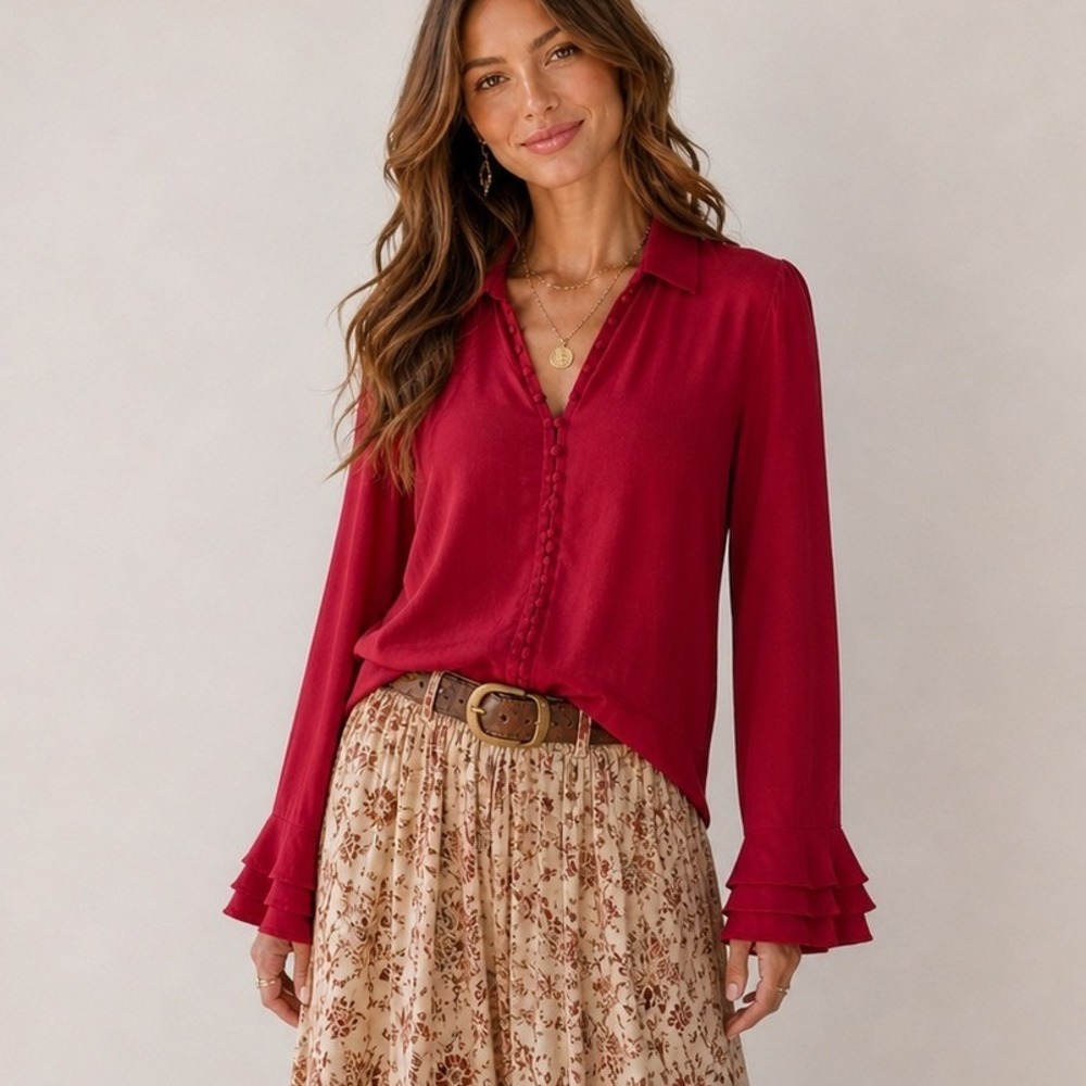 Soft Surroundings Sonnet Blouse XL Red Rayon Poet Ruffle Cuff Button Front Boho
